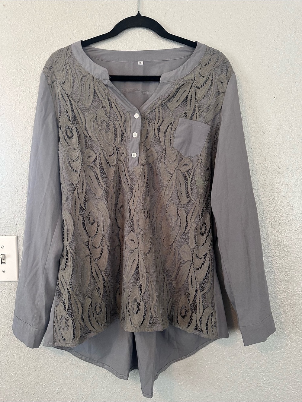 Lace-Front Long Sleeve Henley Tunic - Gray